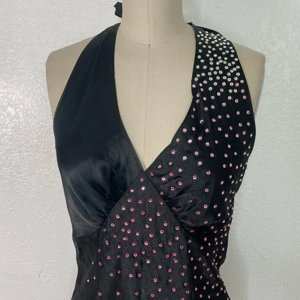 Vintage Fredericks of Hollywood Y2K 90s black satin embellished slip mini dress